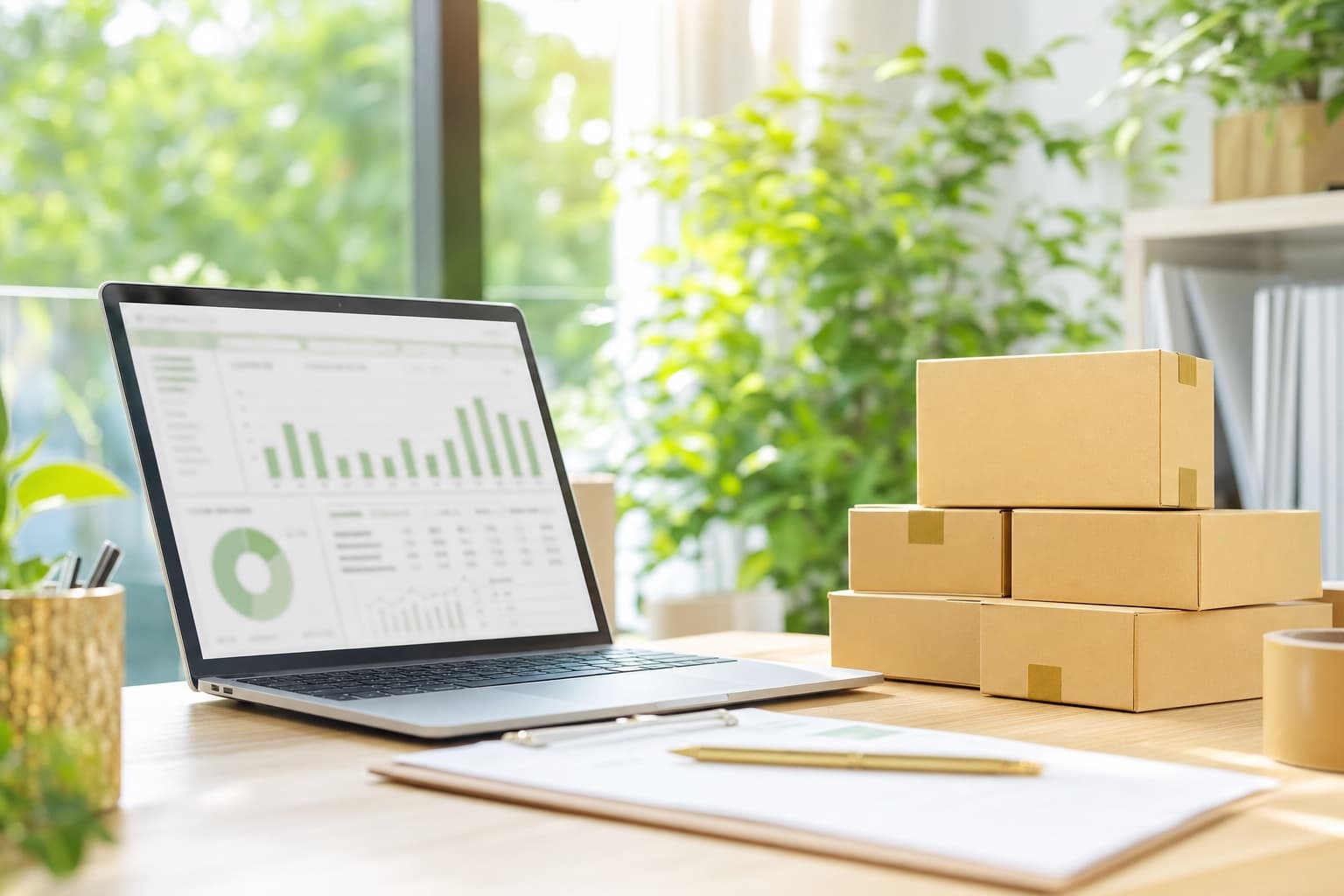 売上分析と出荷準備が進むEコマースのデスク