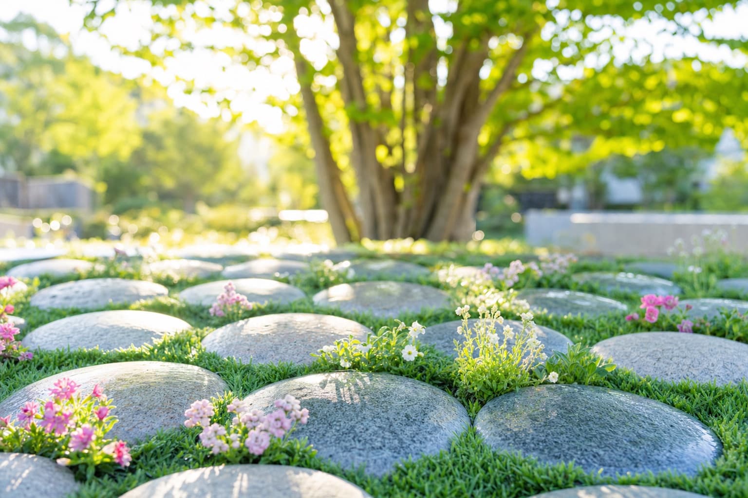 花に囲まれた樹木葬区画の風景