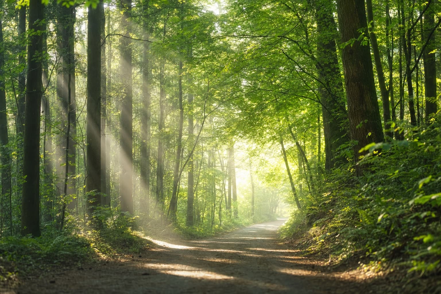 朝の光が差し込む森の道