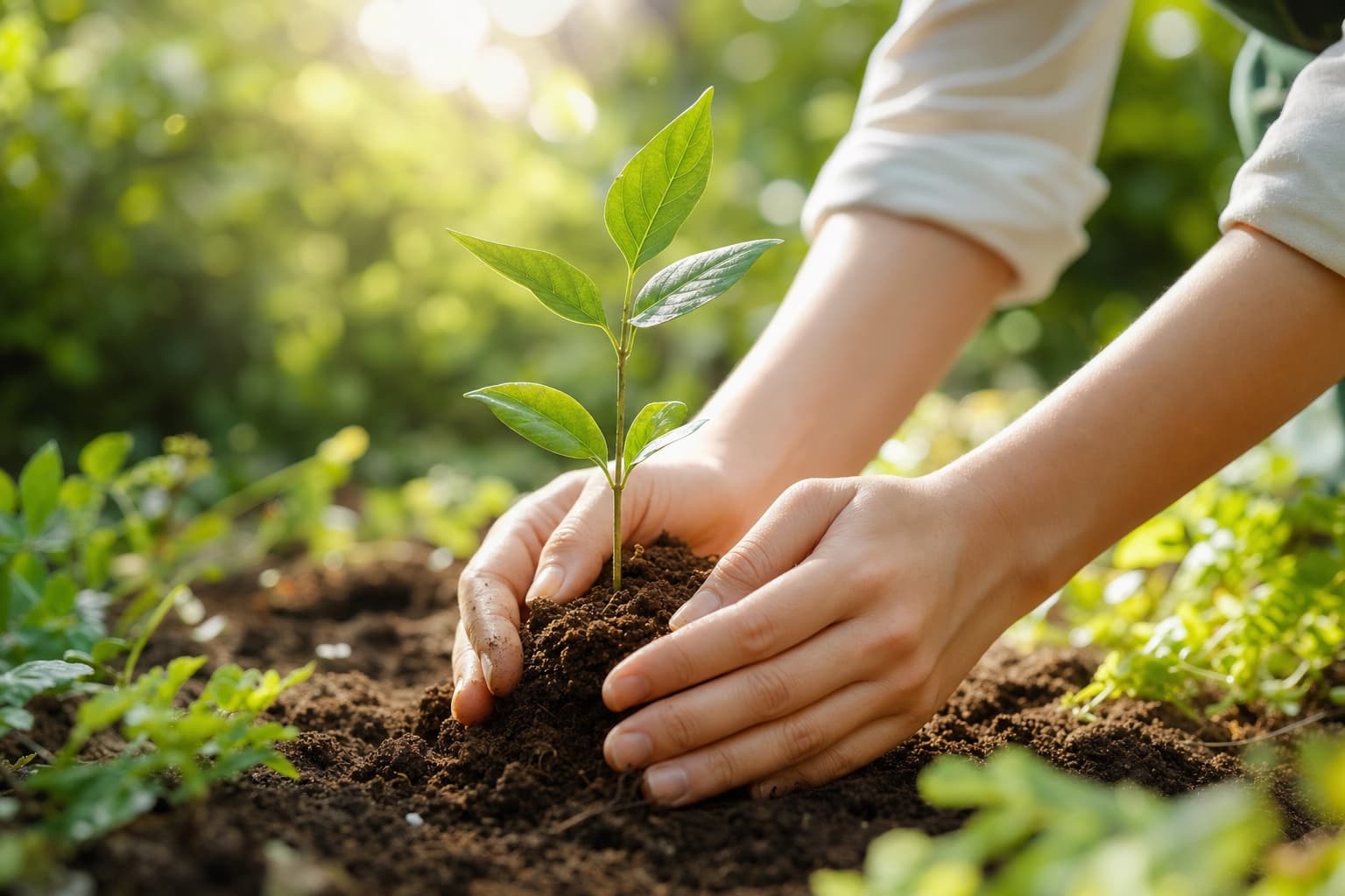 土に苗を植える手元 — 縁の種を育てる